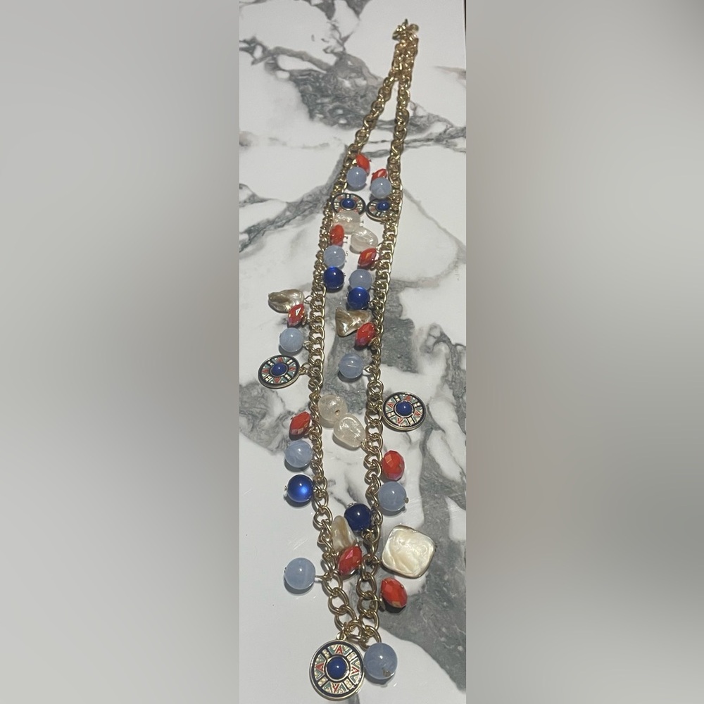 Gold and Blue Charm Long Necklace